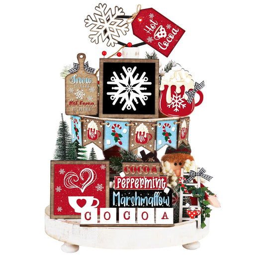 FairySandy 14 Pcs Christmas Tiered Tray Decor Set Christmas Wooden Sign Decor Rustic Farmhouse Snowfake Coffee Spice Blocks Winter Table Sign for Christmas Halloween