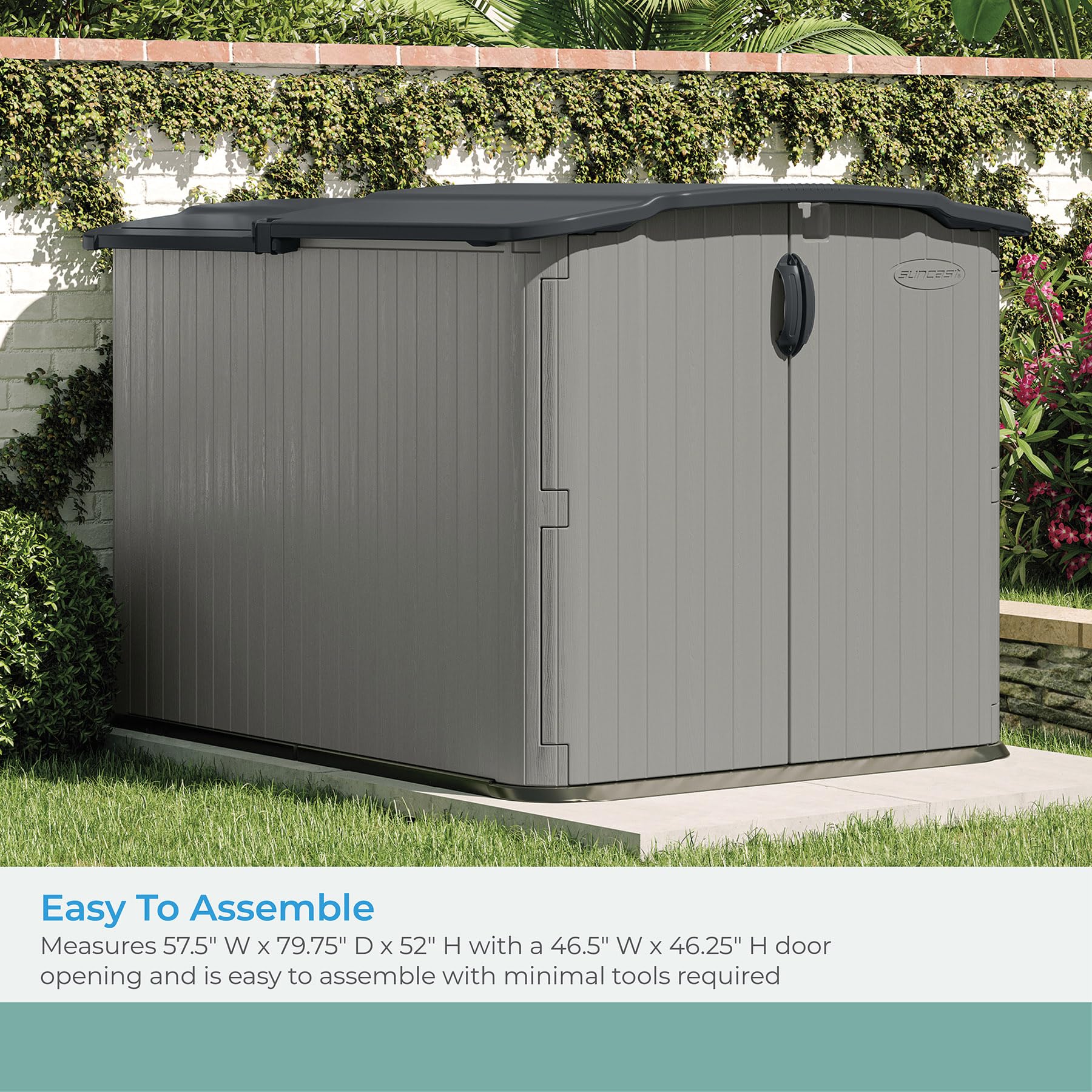 Suncast Glidetop Horizontal Outdoor Storage Shed with Pad-Lockable Sliding Lid and Doors, All-Weather Shed for Yard Storage, 57.5" W x 79.75" D x 52" H - WoodArtSupply