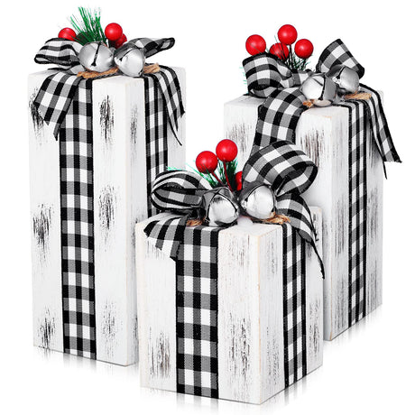 Amyhill 3 Pcs Christmas Wooden Gifts Box Decor Christmas White Black Plaid Presents Table Centerpieces Rustic Wooden Gifts Tiered Tray Decor with Buffalo Plaid Bowknot for Xmas Party Decor Amyhill