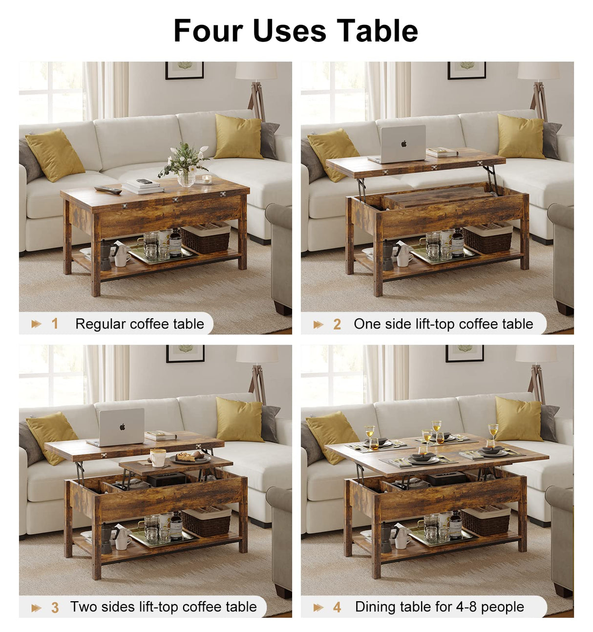 FABATO Lift Top Coffee Table, 4-in-1 Multi-Function Convertible Coffee Table with Storage, Coffee Table Converts to Dining Table for Living Room Reception Room Office, Rustic Brown, 41.73*19.29*18.3 FABATO