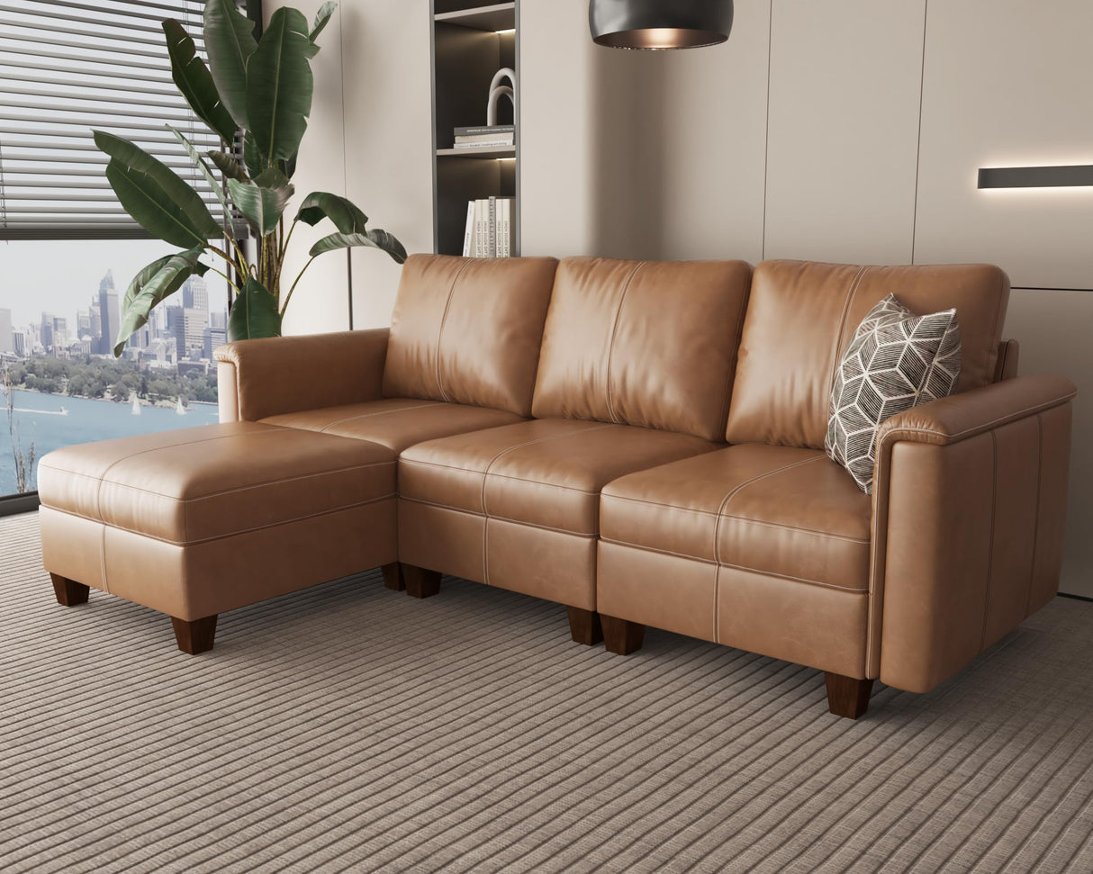 SITJOY Faux Leather 4 Seat L Shape Modular Sofa with Storage Ottoman, L Shaped Sectional Couches for Living Room, 92 inch Width, Brown SITJOY