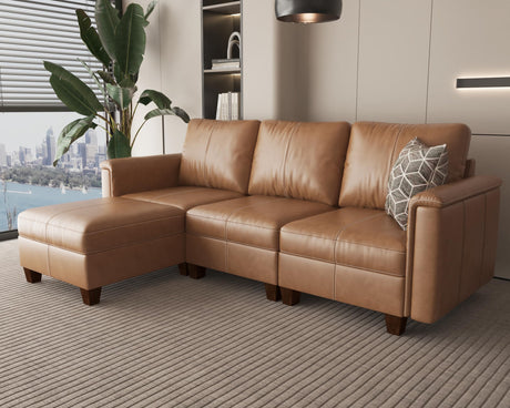 SITJOY Faux Leather 4 Seat L Shape Modular Sofa with Storage Ottoman, L Shaped Sectional Couches for Living Room, 92 inch Width, Brown SITJOY