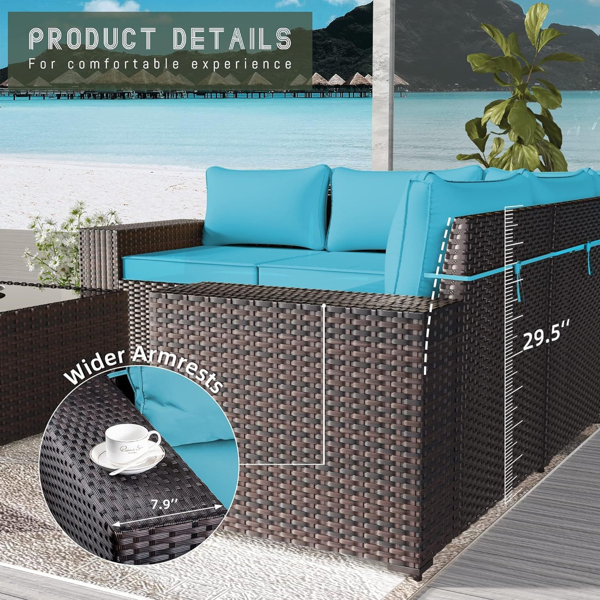 RTDTD Outdoor Patio Furniture Set, 6 Pieces Outdoor Furniture All Weather Patio Sectional Sofas PE Wicker Modular Conversation Sets with Coffee Table,5 Chairs & Seat Clips Turquoise Blue. RTDTD