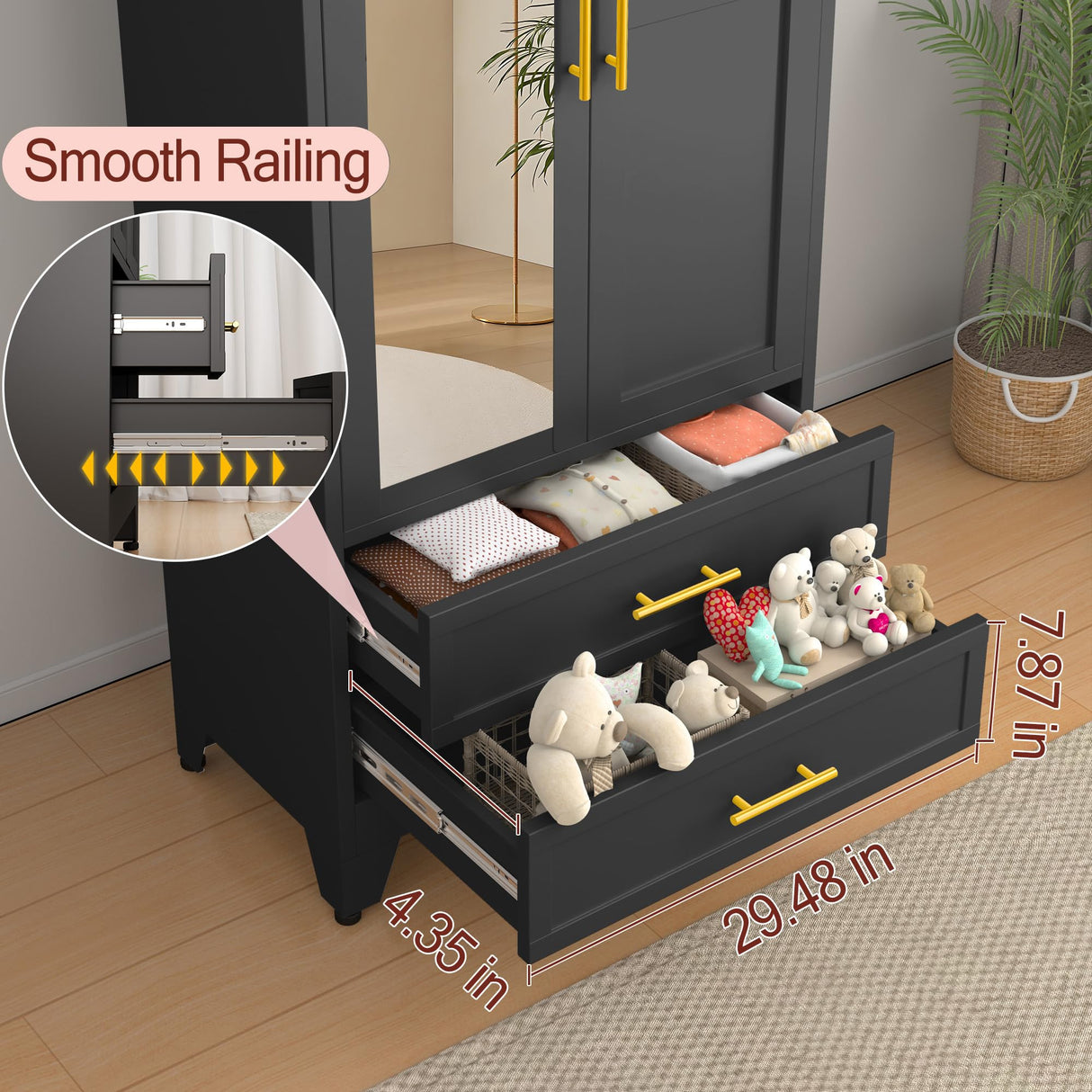 winiowa Metal Armoire Wardrobe Closet with 2 Drawers, 71" Wardrobe Cabinet with Adjustable Shelves and Hanging Rod, Clothing Storage Cabinet Closet with Mirror for Bedroom-Black winiowa