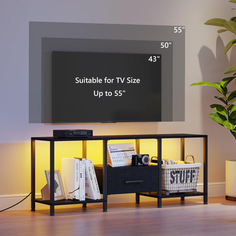 JARHETUN TV Stand with LED Lights, Entertainment Center with Open Shelves and Fabric Drawer, Media Console for 55 Inch TV, Television Stands for Living Room, Bedroom, Black JARHETUN