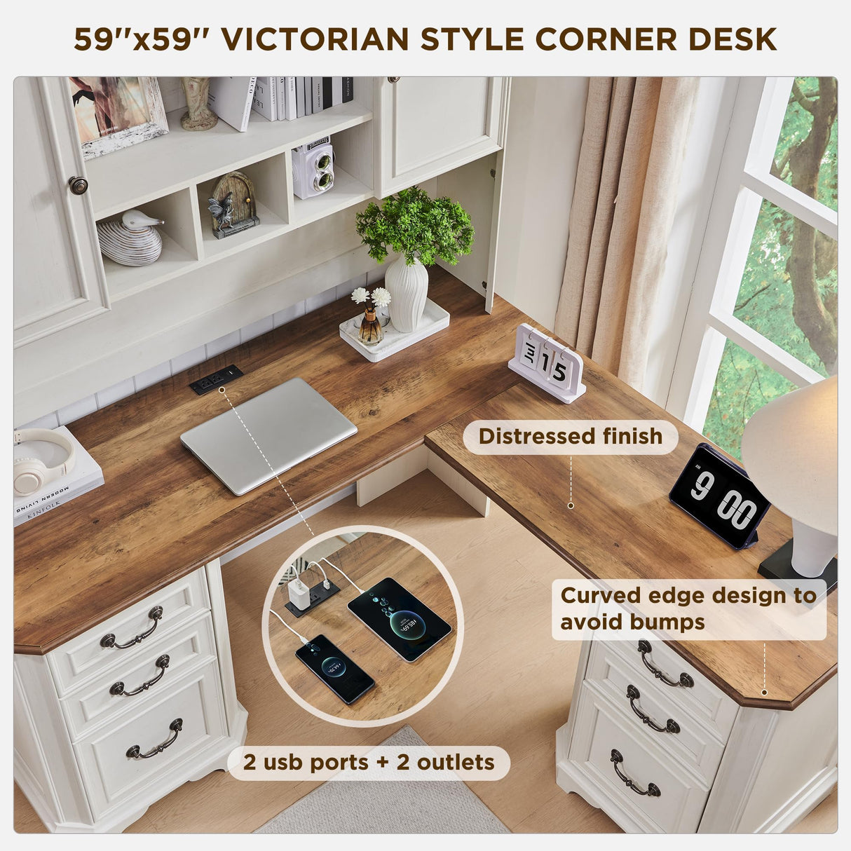 T4TREAM 59" L Shaped Executive Desk with Hutch,Farmhouse Wood Computer Desk, Featuring Charging Station,File Drawer, Storage Cabinet,for Home Office Work and Study (Antique White) T4TREAM