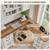 T4TREAM 59" L Shaped Executive Desk with Hutch,Farmhouse Wood Computer Desk, Featuring Charging Station,File Drawer, Storage Cabinet,for Home Office Work and Study (Antique White) T4TREAM