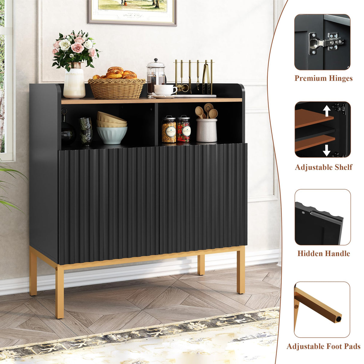 ARTPOWER Storage Cabinet with Fluted Doors and Shelves, Modern Rustic Industrial Sideboard Buffet Cabinet with Metal Legs, Accent Credenza Console for Kitchen Dining Room, Living Room, Entryway, Black ARTPOWER