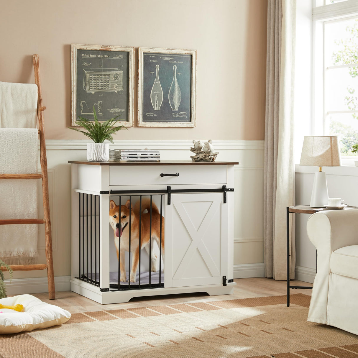 KACVON 37.8" Dog Crate Furniture - Indoor Wooden Dog Kennel Furniture with Sliding Barn Door and Storage Drawer, White KACVON