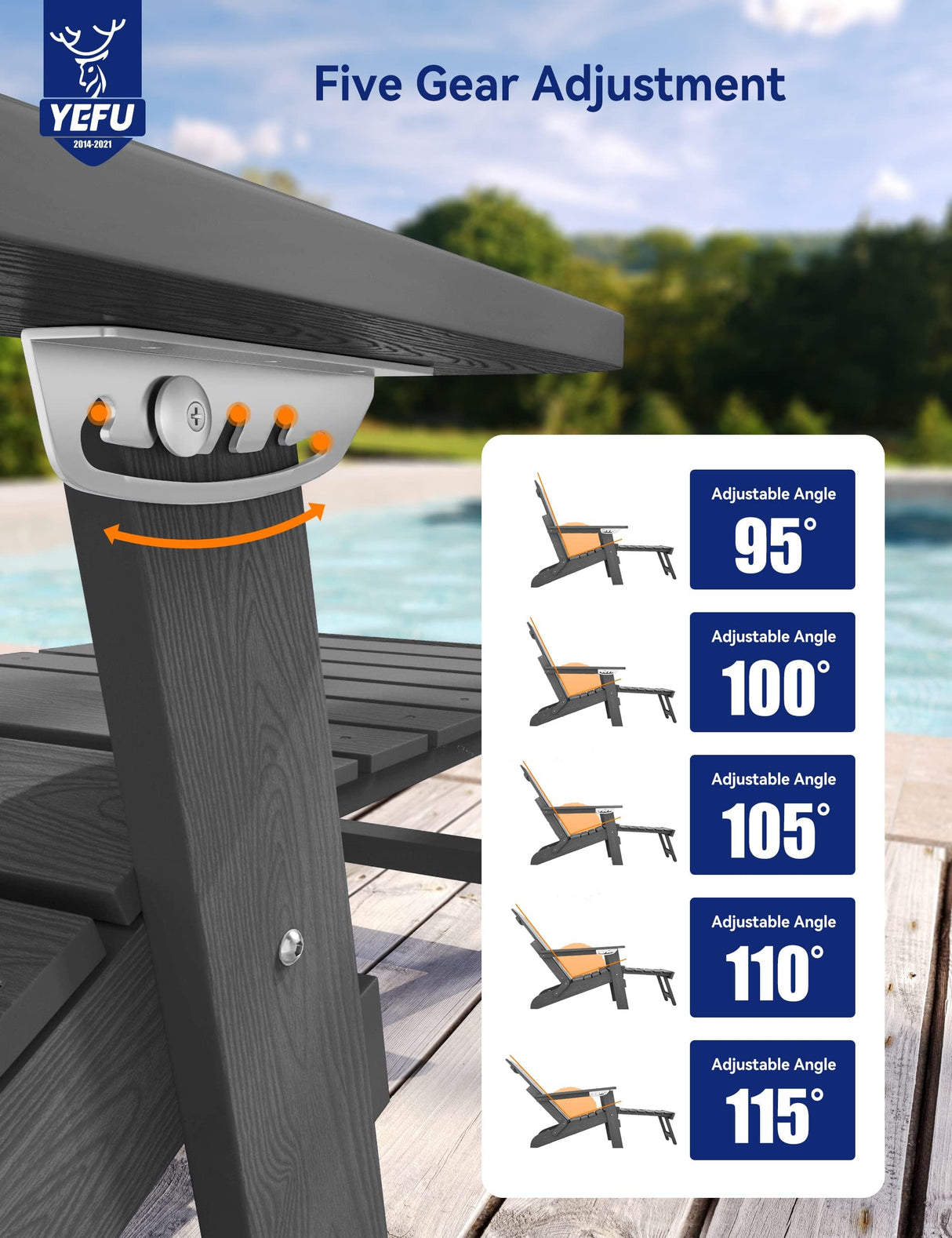 YEFU Adirondack Chair with Ottoman, Adjustable Backrest Adirondack Chairs, Folding Outdoor Fire Pit Chair with 2 Cup-Holders, Weather Resistant for Patio Lawn Outside Garden Pool, 380lbs(Grey) YEFU