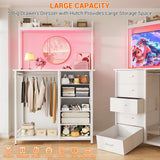 Cyclysio Dresser for Bedroom with Hutch & Clothes Rack, 70'' Tall 5 Drawers Dresser with Shelves, Dressers Closet with Charging Station & LED Lights, Bedroom, White Cyclysio