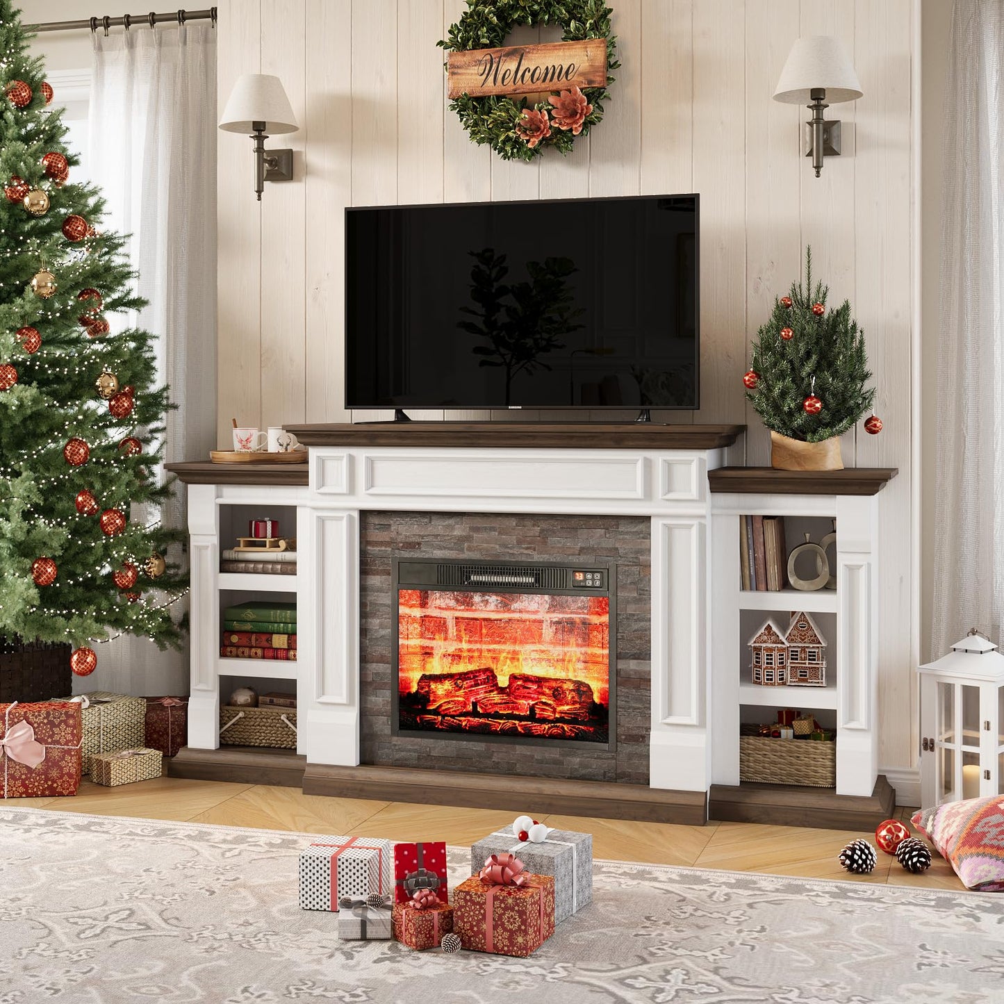 LGHM 70" Electric Fireplace with Mantel, Fireplace TV Stand for TVs Up to 80 Inch, Farmhouse Entertainment Center with Storage, Realistic Stacked Stone Surround with Remote Control for Living Room