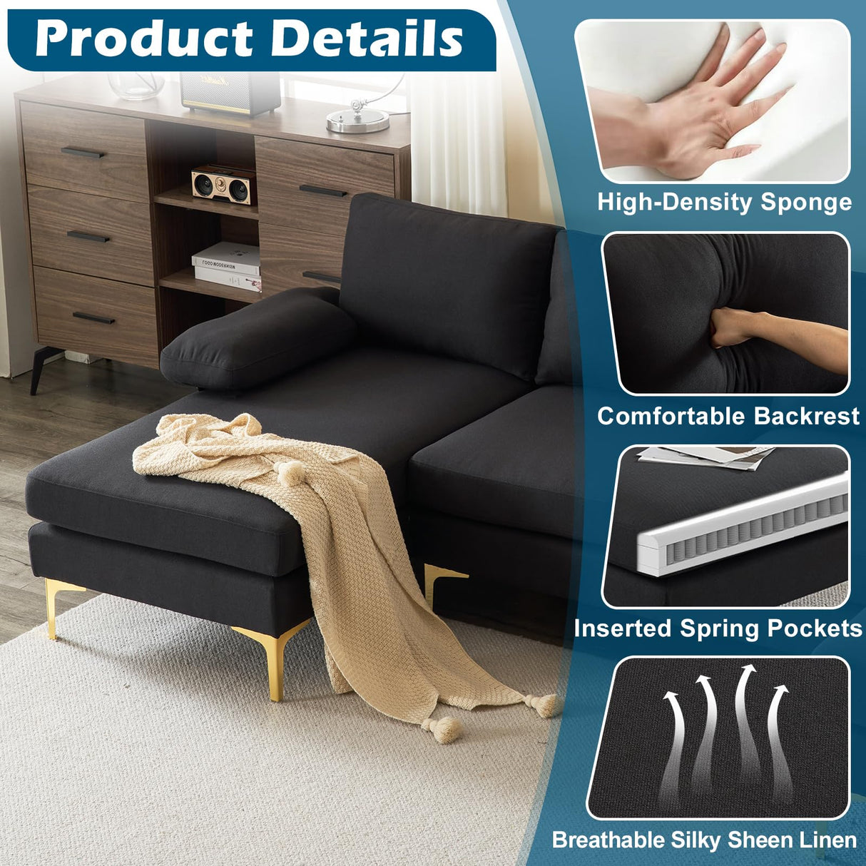 VINGLI 110" Modern U Shaped Sectional Couch with 51"D Double Chaise for Living Room, Black Deep Seat Sectional Sofa Sets with 5.9" Thickness Seating Padding for Home Furniture,Linen Fabric,Metal Legs VINGLI