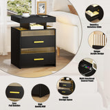 Nightstand with Charging Station and LED Lights, Night Stand with 2 Drawers, Wood Smart Bedside Table, Modern Bed Side Table for Bedroom, Black QPLZF