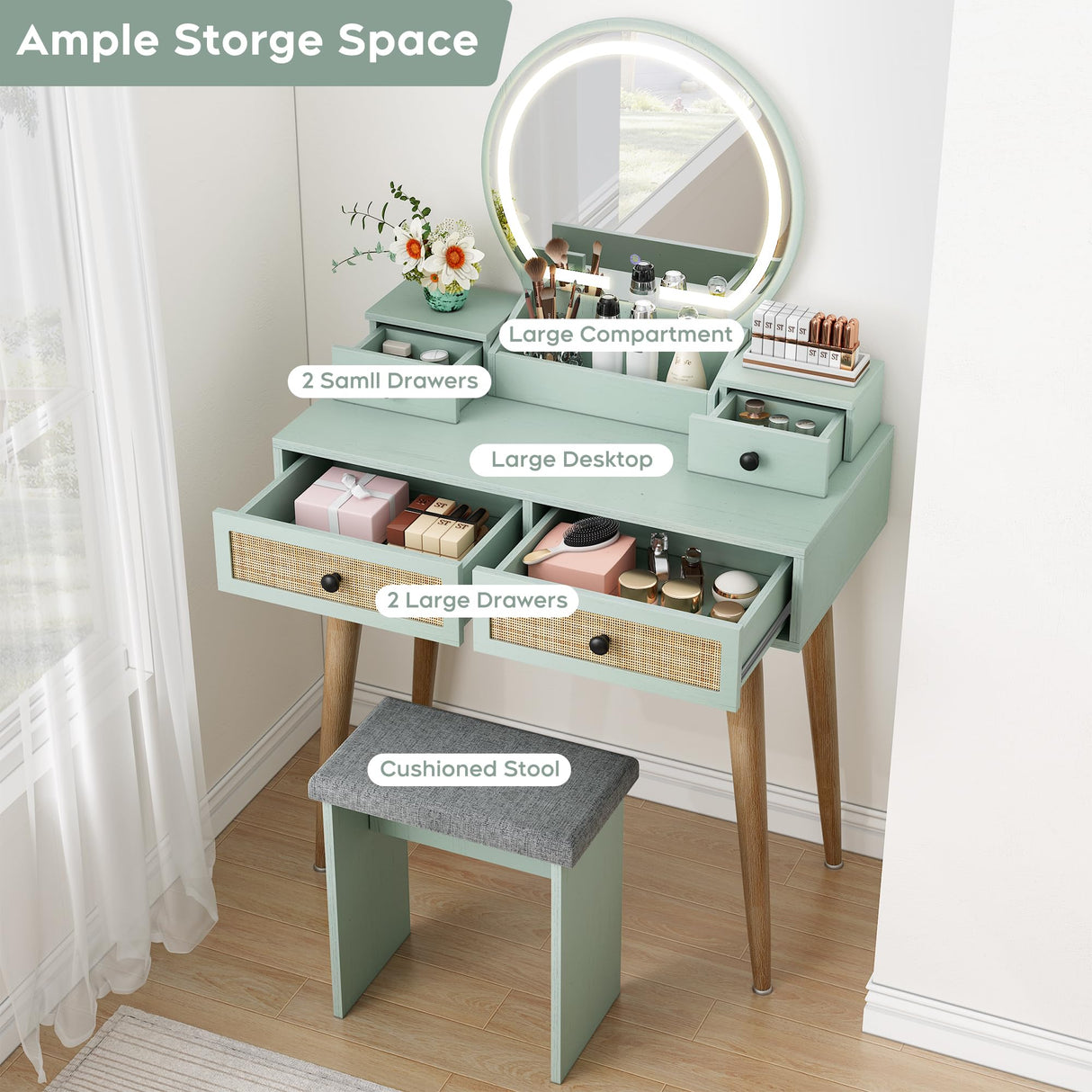 Brafab 31" Boho Natural Rattan Vanity Desk Set with 3 Modes Adjustable Lighted Mirror and Cushioned Stool, Modern Compact Design Makeup Table for Bedroom, Cute Dressing Table for Small Space, Mint Brafab