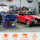 3-Tier Heavy Duty Utility Cart on Wheels, Rolling Tool Cart on Wheels with a Drawer, 350 Lbs Load Capacity Rolling Tool Storage Organizer for Garage, Warehouse and Repair Shop(Dark Blue) SGmory