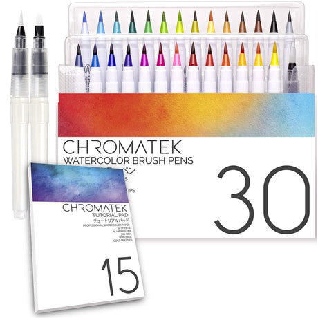 CHROMATEK 30 Watercolor Brush Pens - 15 Page Tutorial Pad and Online Video Series - Real Brush Tip, Vivid, Blendable - Professional Artist Quality - 27 Colors - 3 Aquapens CHROMATEK