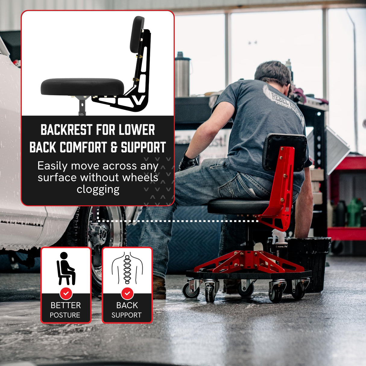 Vyper Robust Steel Sport Shop Chair for Mechanics, Automotive, DIY - 300 lb Capacity Garage Stool with Backrest and Large Wheels, Shop Stool (Black Seat, Blue Frame) Vyper Industrial