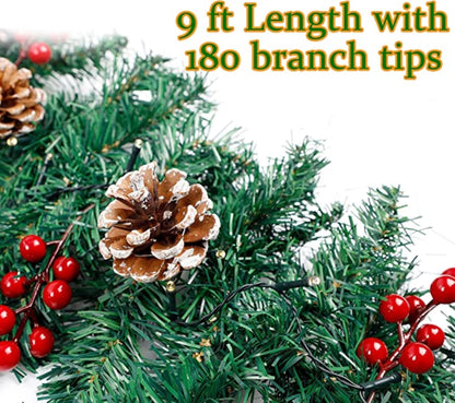 9FT Christmas Garland Decoration ，Battery Operated Lighted Garland with Pine Cones Red Berries Lush Branches，50 LED Lights 8 Modes，Christmas Decorations