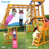 Suniboxi Swing-Sets with Monkey Bars for Backyard, Wooden Playground Set for Kids Ages 3-6, Outdoor Playset with Wave Slide, Play Deck, Rock Wall Ladder, Belt Swings & Canopy for Toddlers to Big Kids SuniBoxi
