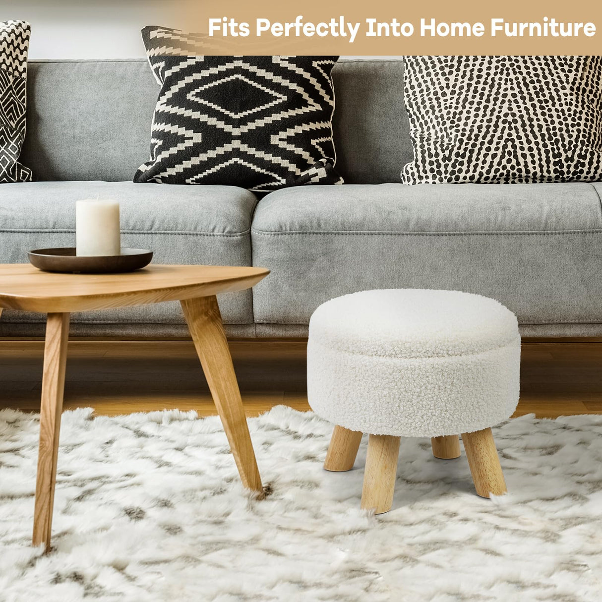 OGEMXU Ottoman Foot Rest, Small Round Ottoman with Storage, Boucle Teddy Velvet Footstool with Wood Legs, Soft Sponge Storage Ottoman for Living Room, Bedroom, Couch, Enterway (Cream) OGEMXU