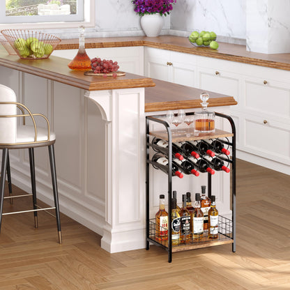 3-Tier Wine Bar Table: Small Liquor Bottle Holder with 8-Bottle Wine Rack Mini Wine Bar Cabinet Corner Whiskey Display Shelf Floor Liquor Storage Bar for Home Living Room