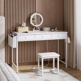 KAI-ROAD White Vanity Table with Lighted Mirror - 40“ Makeup Vanitys with Lights, Fabric Drawers & Power Outlet, Dressing Table Vanities Chair Set for Girls Bedroom KAI-ROAD