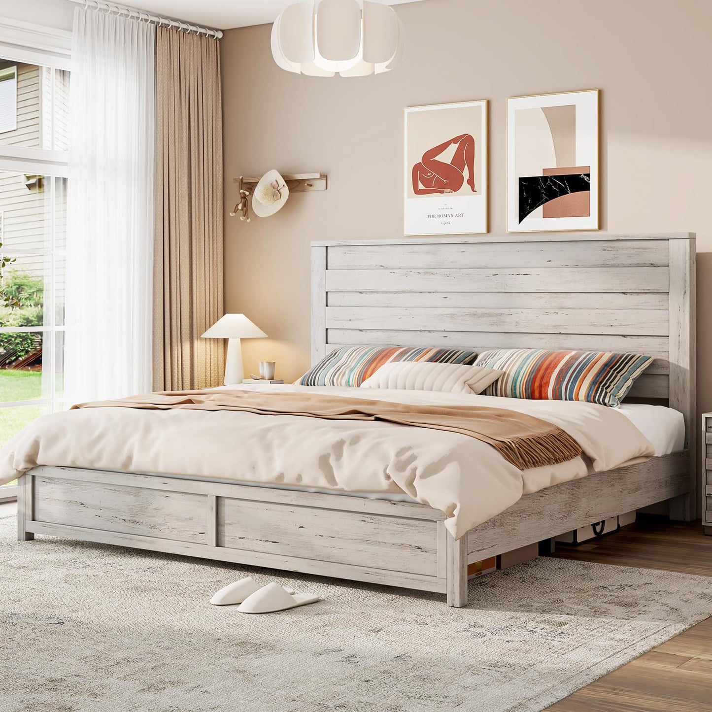 LUXOAK Farmhouse King Bed Frame with 49" Tall Headboard, Wooden Platform Beds with Hidden Metal Bed Frame, No Box Spring Needed, Distressed White