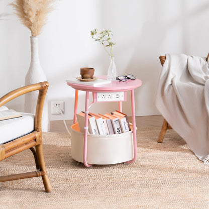 Yoobure Small Side Table, LED Night Stand with Charger Station, Round End Table Side Tables Living Room with Fabric Basket, Bedside Table End Tables Bedroom, Storage Accent Table for Small Spaces