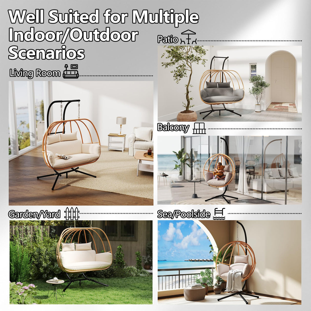 DAYARUS Double Egg Chair Outdoor, Egg Swing Chair with Stand, Hanging Egg Chair Outdoor with Cushions/Headrest, 80" H Hanging Chairs with Stand Indoor, Metal Basket Swing Egg Chairs for Deck, Khaki DAYARUS