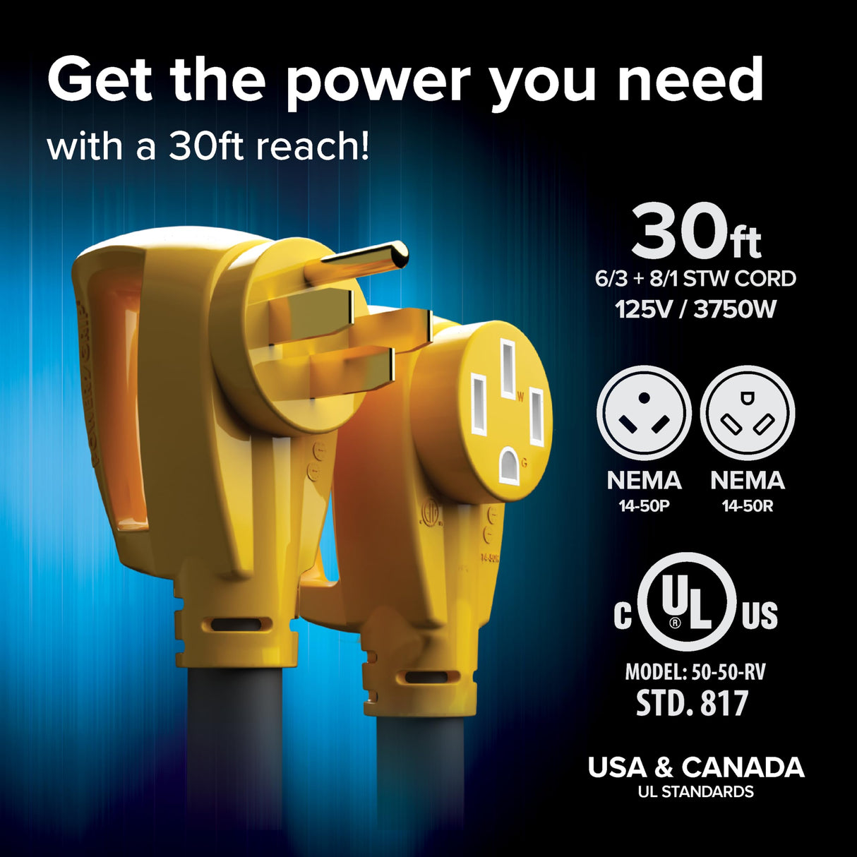 Camco Power Grip 30-Ft 50 Amp RV Extension Cord - Rated for 125/250 V/12,500 W - Features Copper 6/3 + 8/1-Gauge Wires for Superior Conductivity & Coated w/Heat-Resilient PVC (55195) Camco