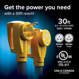Camco Power Grip 30-Ft 50 Amp RV Extension Cord - Rated for 125/250 V/12,500 W - Features Copper 6/3 + 8/1-Gauge Wires for Superior Conductivity & Coated w/Heat-Resilient PVC (55195) Camco