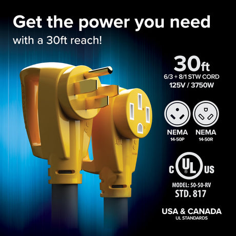 Camco Power Grip 30-Ft 50 Amp RV Extension Cord - Rated for 125/250 V/12,500 W - Features Copper 6/3 + 8/1-Gauge Wires for Superior Conductivity & Coated w/Heat-Resilient PVC (55195) Camco