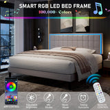 LUXOAK King Size Bed Frame with LED Headboard, Linen Button Tufted Upholstered Platform Bed with USB Charging Station, Strong Wooden Slats Support, No Box Spring Needed, Light Grey LUXOAK