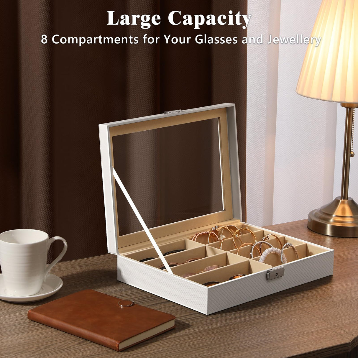 MoKo Sunglasses Organizer with 8 Slots, Leather Sunglass Display Collection Holder Case with Drawer Clear Glass Lid, Lockable Eyeglass Glass Jewelry Watch Storage Box for Women Men, White MoKo
