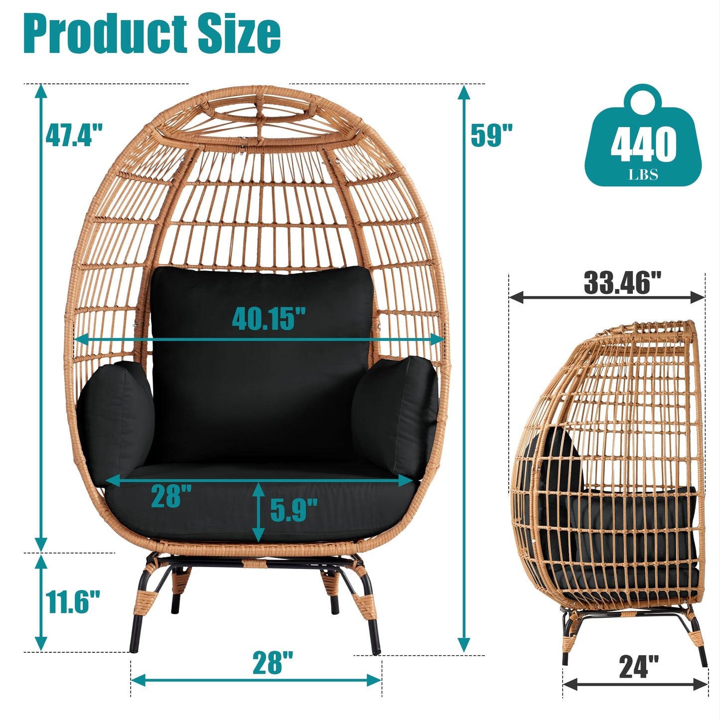 OTSUN Outdoor Egg Chair, PE Wicker Chair with 4 Thicken Cushions, Patio Chairs 440 lbs Capacity, Oversized Balcony Chairs with Durable Steel Frame Perfect for Balcony, Backyard, Bedroom-Dark Black