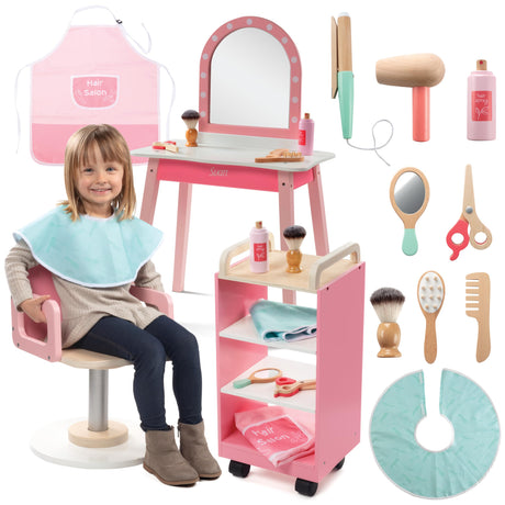 Pretend Hair Salon Wooden Play Set - Full Vanity Mirror Playset w Chair & Rolling Cart- Includes Blow Dryer, Brush, Styling, Cutting Tools & More - Hair Dresser Stylist Fun, Beauty Care for Girls Kids Svan