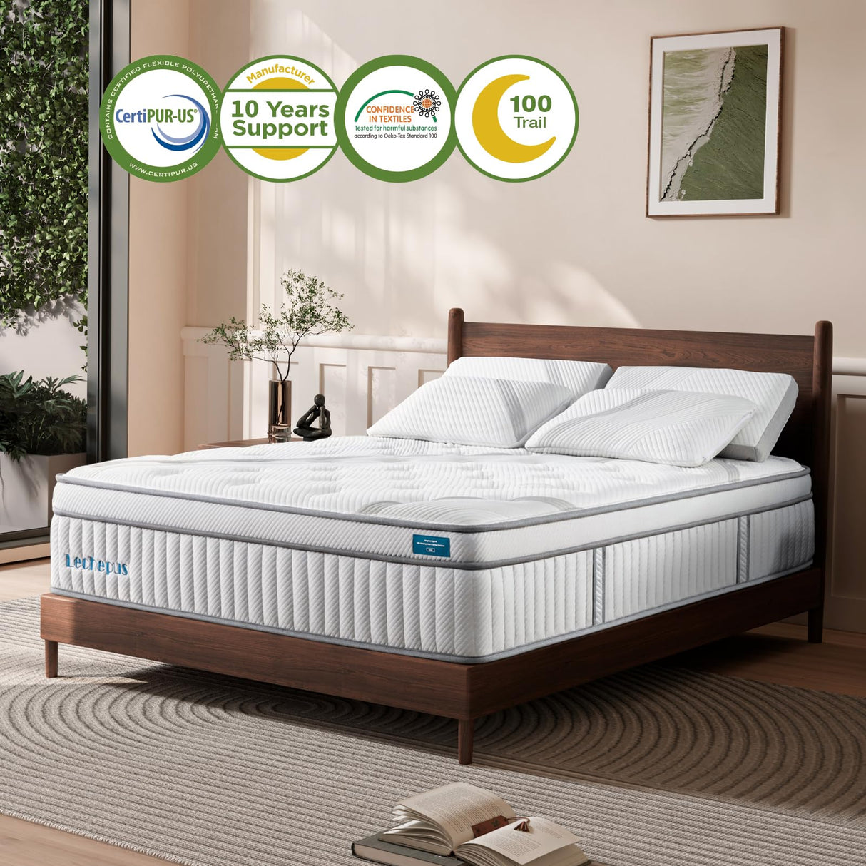 Lechepussleep Twin Mattress, 14Inch Medium Plush Memory Foam Hybrid, 7-Zone Individual Pocket Springs, Pressure Relief, 39'x75'x14' Lechepussleep