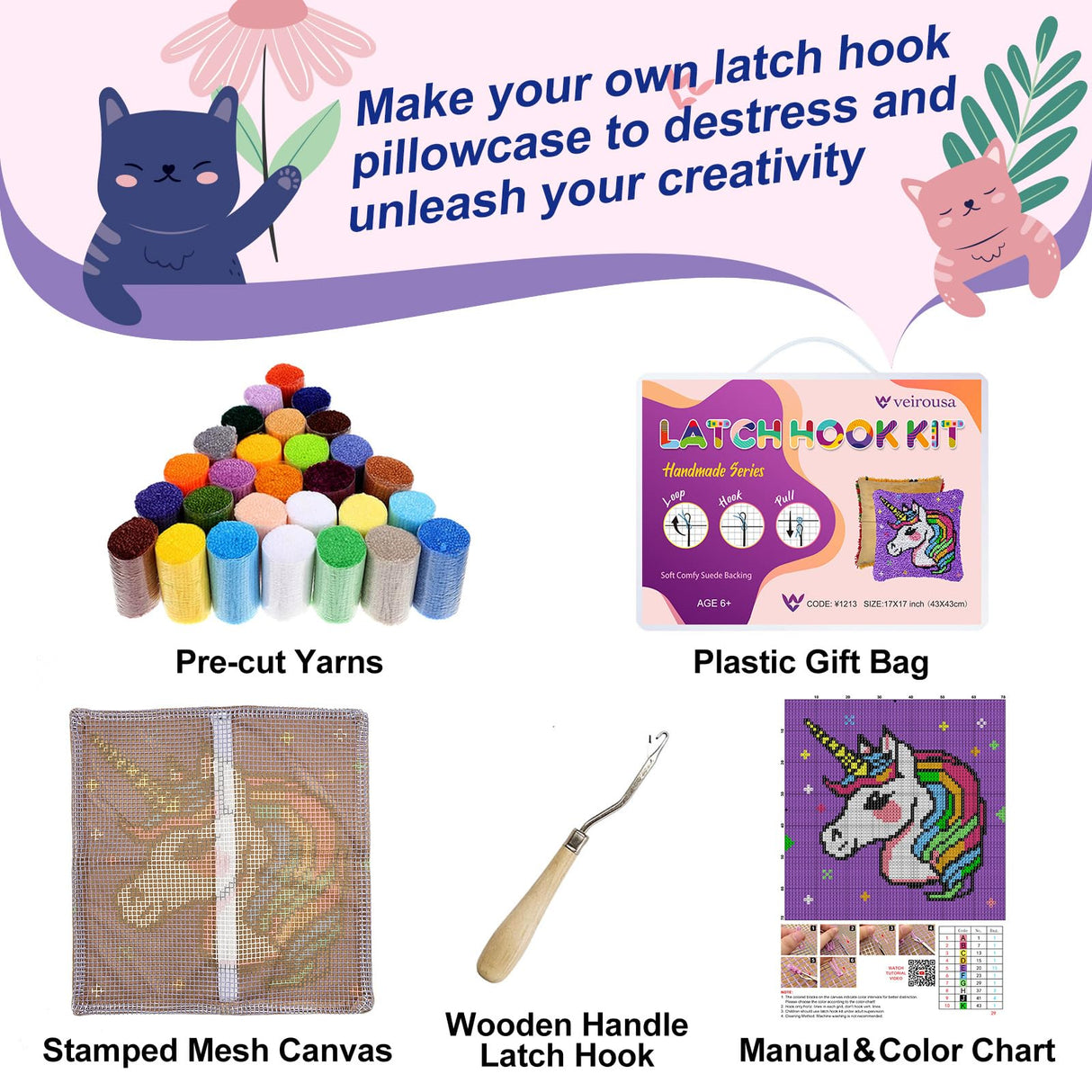 Unicorn Princess Latch Hook Kits for Adults Kids, Beginners DIY Throw Pillow Kit Pre-printed Pillowcase Hook and Latch Rug Kits Cross-stitch Cushion Cover for Home Sofa Decor Gift Idea 17x17 inch veirousa