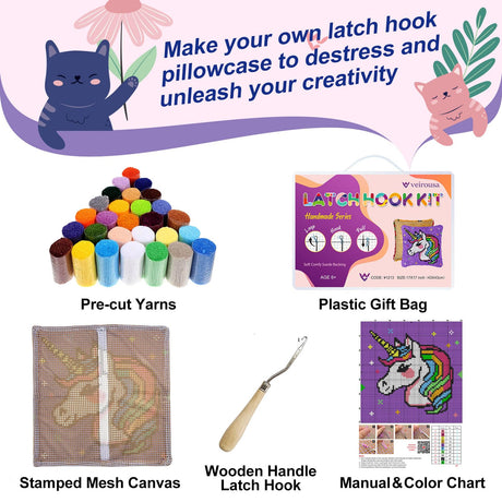 Unicorn Princess Latch Hook Kits for Adults Kids, Beginners DIY Throw Pillow Kit Pre-printed Pillowcase Hook and Latch Rug Kits Cross-stitch Cushion Cover for Home Sofa Decor Gift Idea 17x17 inch veirousa
