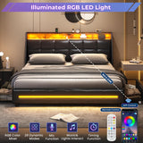 MSmask King Size Bed Frame with LED Lights, Storage Drawers, Charging Station & Wingback Headboard MSmask