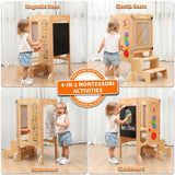 JUZBOT Toddler Tower, Foldable Toddler Kitchen Stool Helper with 2 Step Stool, Wooden Toddler Stool with Safety Net, Adjustable Height, Chalk-Whiteboard& Montessori Activity Games JUZBOT