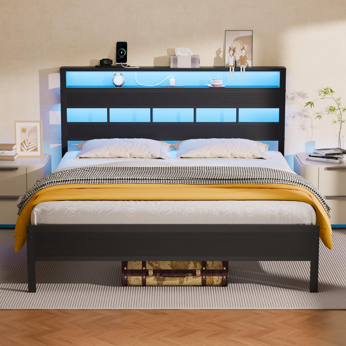 Furnulem Queen Bed Frame with Storage Headboard and LED Lights, Metal Bedframe with Charging Station and USB Port, Queen Size Platform Bed with Heavy Duty Slats, No Box Spring Needed, Black Oak Furnulem