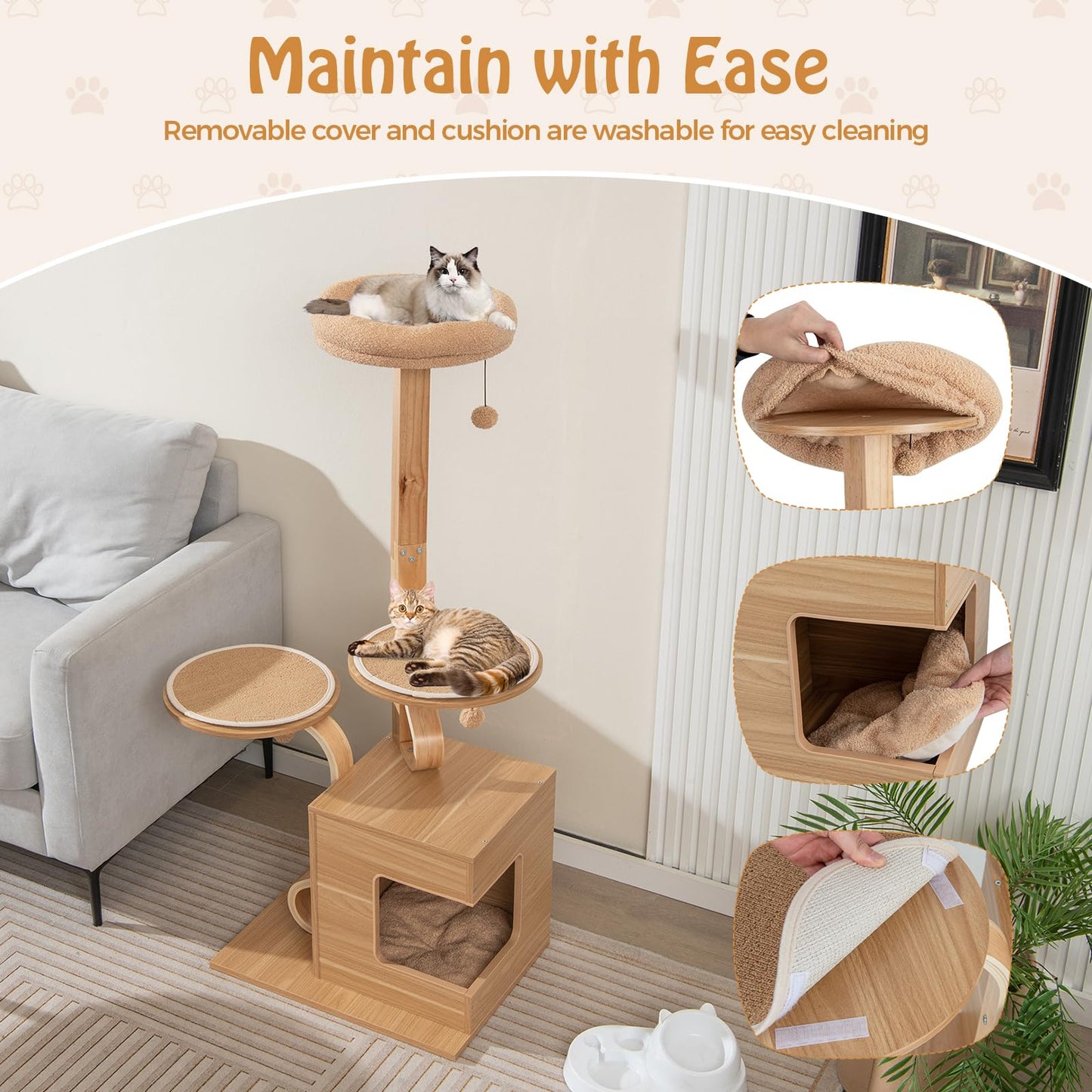 PETSITE 51 Inches Cat Tree, Modern Wooden Cat Tower with Plush Padded Top Perch, Cat Condo with Soft Pad, Dangling Balls, Multi-Level Cat Tree Tower for Indoor Cats Large Adult - WoodArtSupply