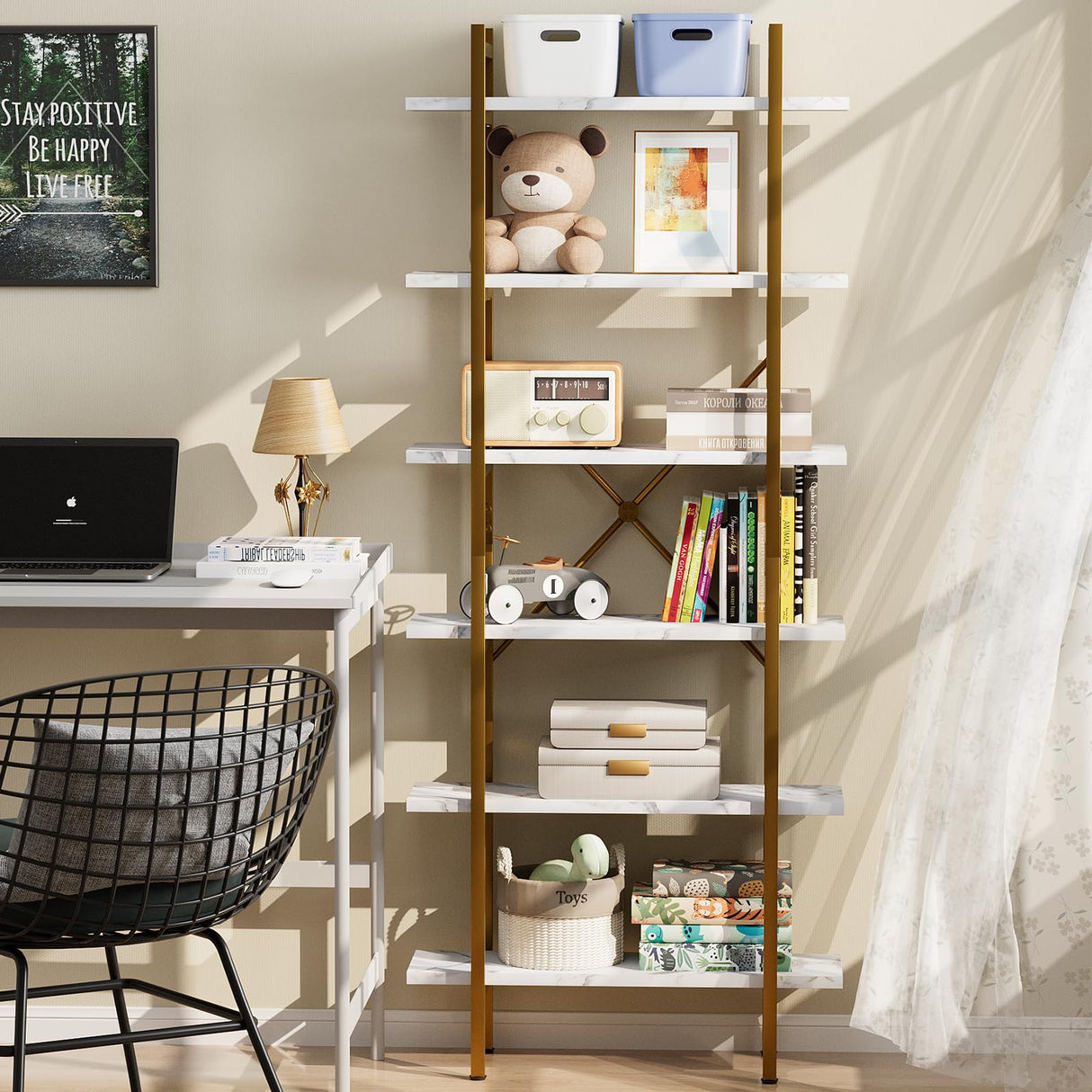 Azheruol 6 Tiers Bookshelf Organizer White Faux Marble Shelf,Modern Open Display Storage Bookcase, and Metal Bookshelf Standing Storage Shelf Tall Shelving Units for Home Office Study Azheruol