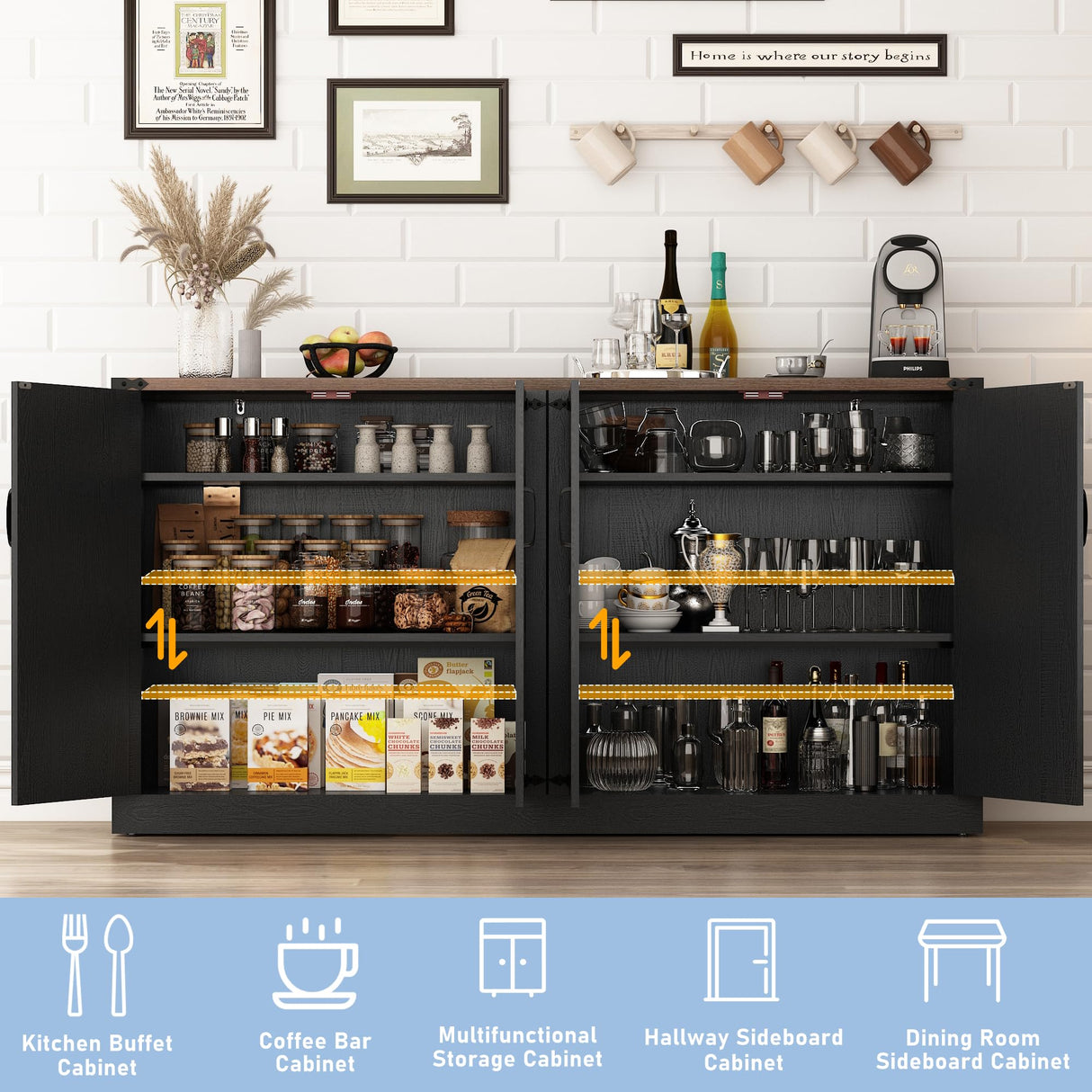 Sideboard Buffet Cabinet with Storage - 65 Inch Farmhouse Kitchen Pantries Sideboard Cabinets with Adjustable Shelves, Wooden Coffee Bar Cabinet Buffet Table for Kitchen, Dining Room, Black chartustriable