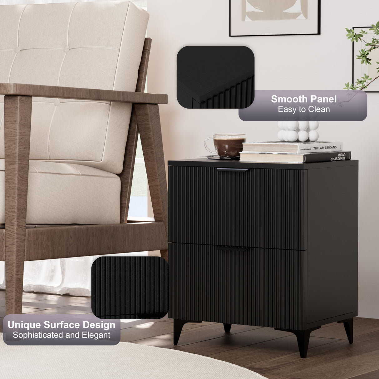 Royal Windsor Fluted Nightstand Set of 2 with 2 Drawers, Side End Table, Small Accent Storage Cabinet,Modern Night Stand Bedside Table for Bedroom,Black Royal Windsor