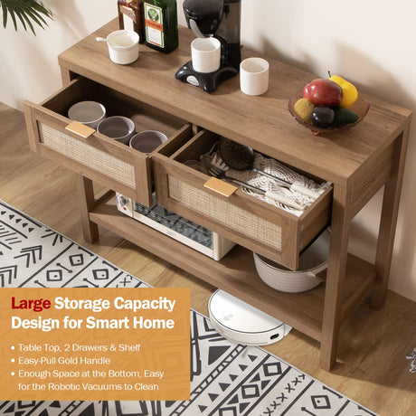 SICOTAS Boho Rattan Console Table with Storage Drawers - Elegant Entryway Table for Hallway or Living Room SICOTAS
