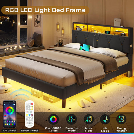 BTHFST Full Size Bed Frame with Outlets and USB Ports, Full Bed Frame with LED Lights, Upholstered Platform LED Bed Frame with Storage Shelf Headboard, No Box Spring Needed, Dark Grey BTHFST