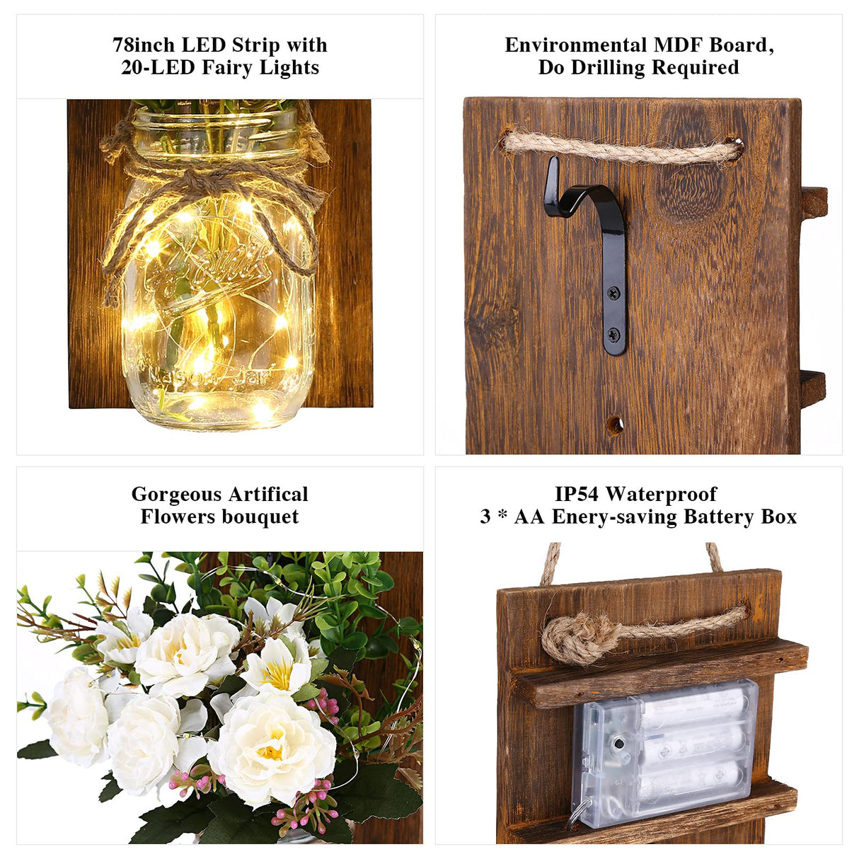 Lightess Wall Decor Mason Jar Sconces with Remote Control, Rustic Home Decor Wall LED Fairy Lights with White Rose, Farmhouse Wall Decorations Lights Set of Two for Dining Room Living Room Lightess